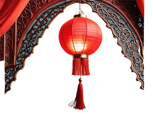 Traditional Chinese lantern, ornate metal frame, vibrant red silk shade, golden tassel, intricate carvings, soft warm glow, hanging from ceiling, delicate curves, symmetrical composition, shallow dept