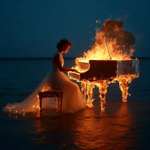 A queen is playing a burning piano in the side of a sea on night,the woman is sitting next to the grand piano,pianist,fire artist,piano player,grand piano,concerto for piano,kupala