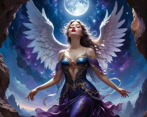 a digital illustration featuring a love universe ethereal crystal, the center shows a majestic angel with outstretched wings in a serene pose, the background is a deep blue and purple palette with sta