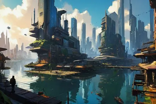  Game Scene, Wild angle view  Game Scene, Wild angle view a beautiful utopia  futuristic city, on the lake shore, modern  buildings,some tall buildings and boats floating on top of water,futuristic la
