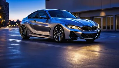 BMW H80, luxury car, sleek design, metallic silver, glossy finish, sporty spoiler, aggressive lines, 20-inch alloy wheels, low-profile tires, urban road, cityscape, modern architecture, blue hour, dra