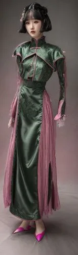 dark green and pink cheongsam with  embroidery and cropped jacket,hanbok,female doll,asian costume,cloth doll,asian woman,woman frog,mulan,geisha girl,geisha,3d figure,doll figure,fashion doll,dress d