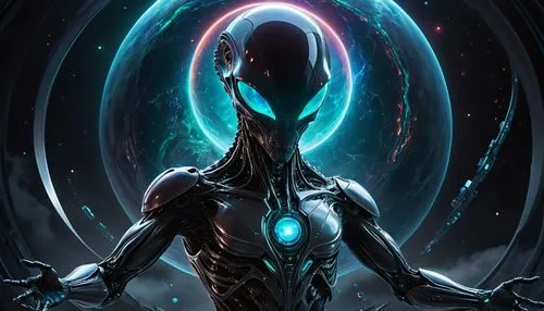 Un extraterrestre de alta tecnología crea un holograma de un planeta en el aire utilizando componentes químicos. Un sistema de creación de planetas de alta tecnología.,an alien woman with glowing eyes
