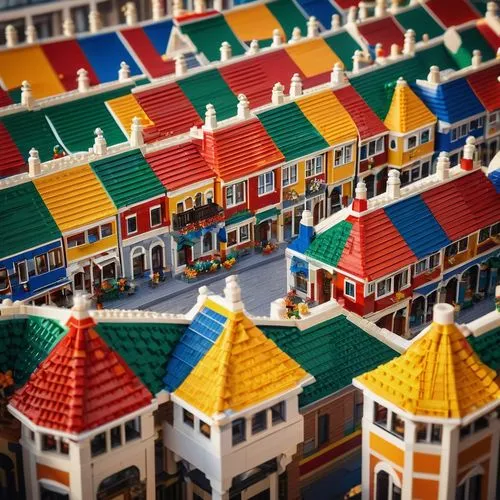 Colorful Lego blocks, intricate architecture, symmetrical structure, bright windows, vibrant roof tiles, detailed arches, ornate columns, staircases, balconies, urban cityscape, sunny afternoon, warm 