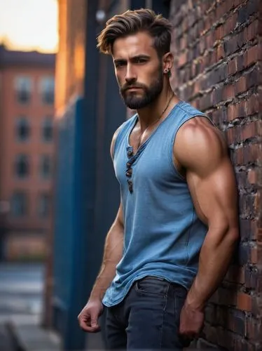 Muscular man, hot guy, confident pose, strong facial features, sharp jawline, piercing blue eyes, messy short hair, slight beard, sleeveless shirt, ripped jeans, black boots, leaning against a brick w