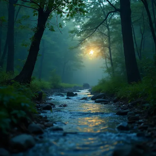The world of intentions: There is a stream of water where a spring of goodness flowed. In that stream there is a good intention in the form of a niche of light,water flowing through a forest in the mo