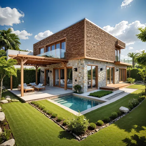 a house that is on a grassy lawn with a pool,tropical house,luxury home,holiday villa,modern house,beautiful home,landscaped,luxury property,pool house,crib,roof landscape,mansion,tropical greens,luxu