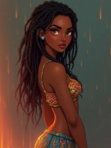 Design a stunning African American female Avatar named Zara, full body photo, with cascading dreadlocks that frame her face in an elegant, effortless style. Her warm, cocoa-colored eyes shimmer with d