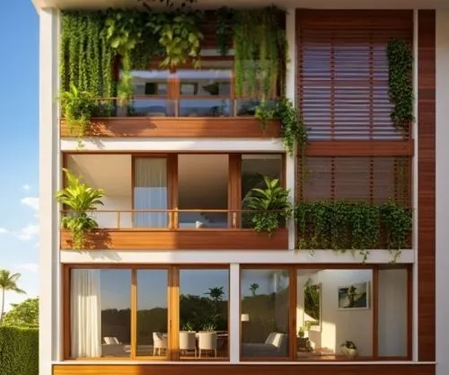 a large building with windows and plants on the balconies,block balcony,balcony garden,balconies,sky apartment,an apartment,garden elevation