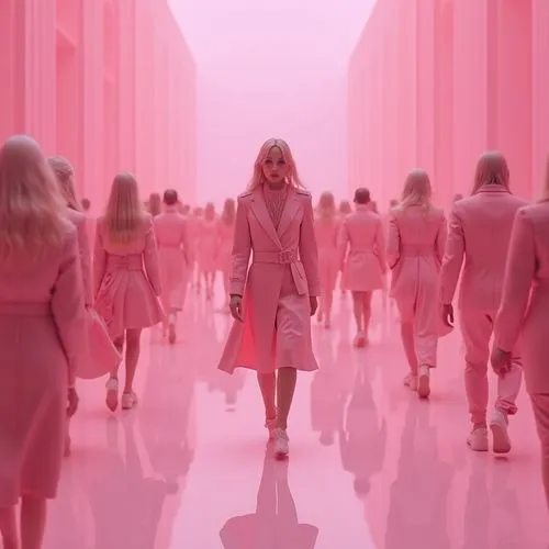 pink background, pink RICH model walking, pink clothes wearing, BACKSIDE WALK TOO MANY PEOPLE WALKING BEHID HER, aesthetic photography, ROYAL 8K UHD REALISTIC.,the women walk down a runway lined with 