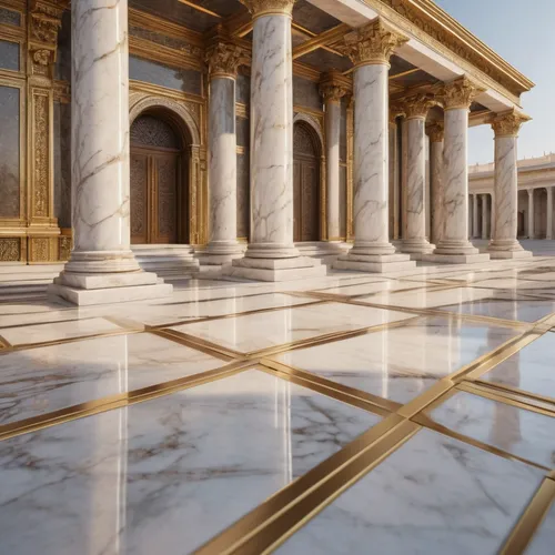 creates a large team in refined marble and decorated with gold details, which crosses an ancient city of marble,marble palace,neoclassical,ancient greek temple,greek temple,classical architecture,anci