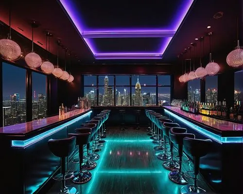 Luxurious nightclub, dimly lit, vibrant neon lights, shiny metal bar counter, sleek glass shelves, rows of liquor bottles, bartender polishing a glass, disco ball spinning, dance floor, flashing strob