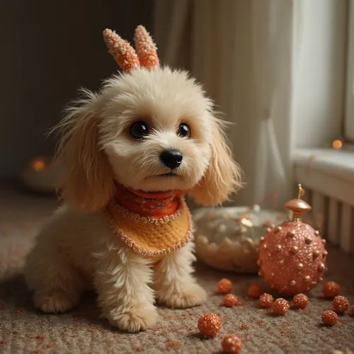 A cozy,small white dog ,reindeer