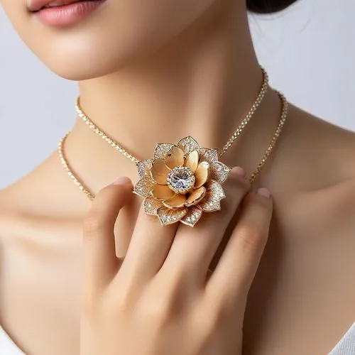 
Transform the ring into an elegant necklace with a unique, eye-catching design. The necklace should retain the original flower-like shape of the ring, but now rest gracefully on a neck. Add a magical