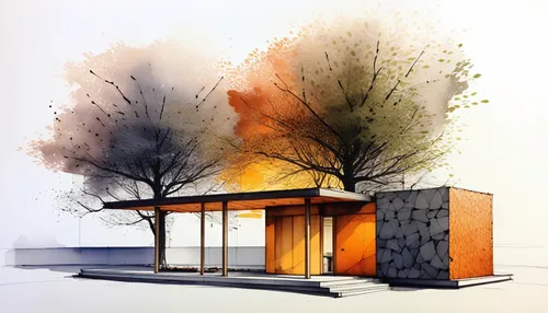 a drawing of a pavilion with two trees and buildings,bus shelters,mies,neutra,bunshaft,renderings,renders,mid century house,eichler,crematorium,cubic house,zumthor,revit,pavillon,3d rendering,mid cent