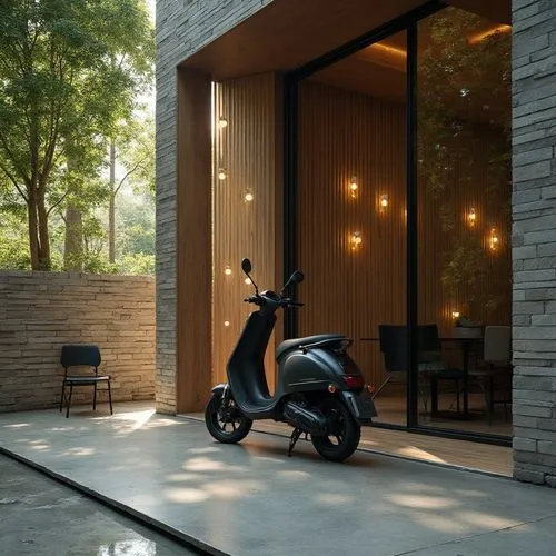 interior view of a modern home, large window on the right showing an interior scene with several small lights hanging from it, tall trees in the background with green leaves, wooden slatted wall on th