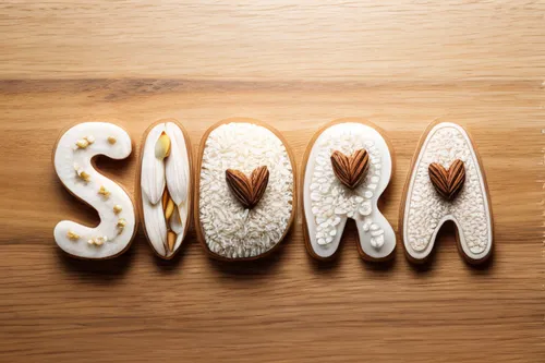 Text effect of realistic rice budding with realistic almond and nuts ,wooden letters,scrabble letters,decorative letters,soba,sorb,chocolate letter,spores,soba noodles,kora,spoons,sopaipilla,korma,tur