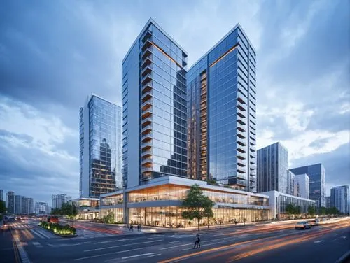 residential architecture, high-rise residential tower, retail stores on first two levels, cityscape, scene set at the daytime, photorealistic, Hasselblad XD1,two tall buildings next to each other near