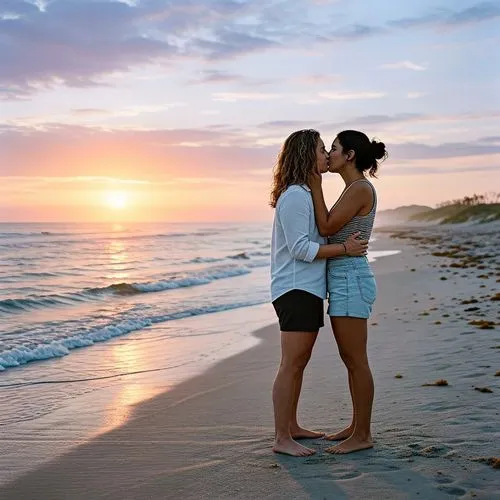 Lesbian couple kissing on the beach at sunrise,two women kiss each other on the beach,loving couple sunrise,romantic scene,girl kiss,honeymooners,lover's beach,honeymoon,honeymoons,kissing,beautiful b