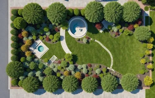 a bird's eye view of a park area,yard art,garden design sydney,garden sculpture,mini golf course,robotic lawnmower,children's playground