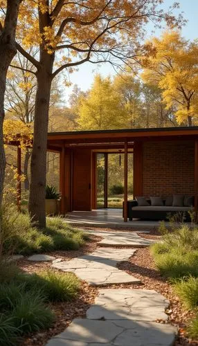 A scene of a picturesque autumn landscape phototgraphy, wallpaper collection,the trees are blooming in a park like area,amagansett,mid century house,timber house,forest house,bridgehampton,bunshaft,Ph