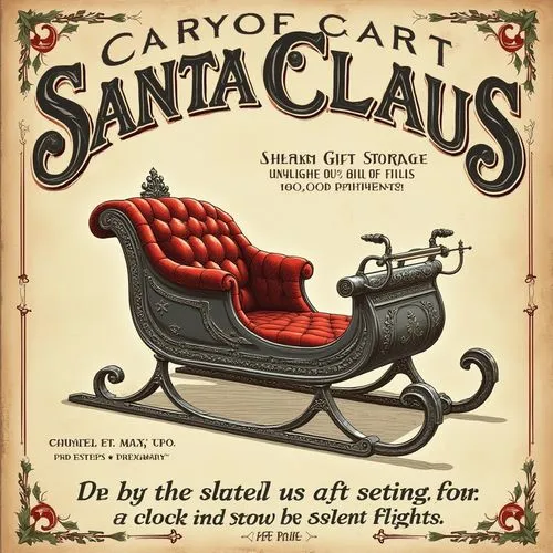A vintage sales flyer featuring a state-of-the-art sleigh designed for Santa Claus. The flyer has a nostalgic, old-world aesthetic with ornate fonts and detailed illustrations. The sleigh is showcased