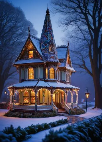 Victorian, gingerbread house, ornate, intricate details, pointed roofs, chimneys, stained glass windows, colorful ceramic tiles, white icing trim, festive holiday atmosphere, winter scene, snowflakes 