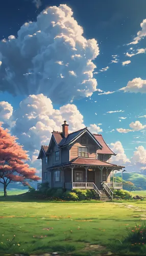 house on the grass, matte painting inspired by Makoto Shinkai, pixiv, marvelous realism, beautiful floating clouds. anime, anime clouds, studio ghibli sky, anime sky, beautiful anime scene, anime coun