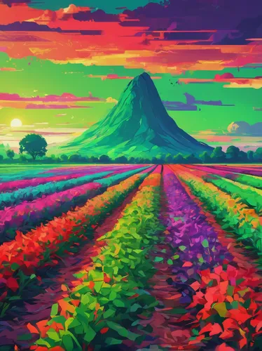 Create a vivid description of a lush, green paprika field during a peaceful sunrise.,vegetable field,tulip field,tulip fields,poppy field,fruit fields,poppy fields,tulips field,blooming field,flower f