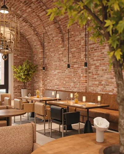 A rustic-chic restaurant interior featuring exposed brick walls and vaulted ceilings. The seating includes plush, earthy-toned sofas and minimalist black dining chairs around small tables. A warm, coz