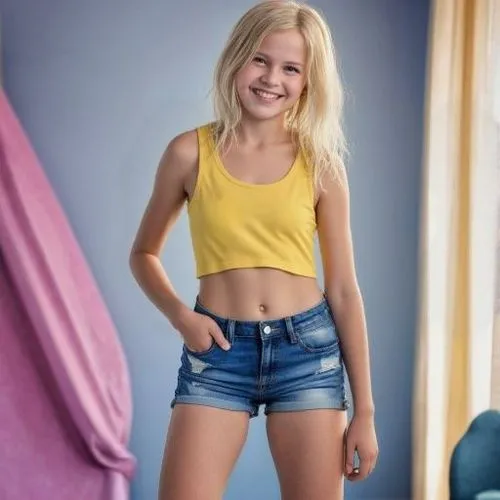 School Picture,jean shorts,blond girl,School Photo,Colorful,Beautiful