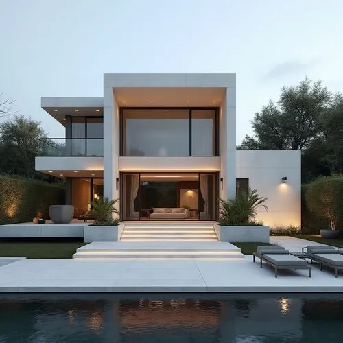 A hyper-realistic, high-resolution architectural photograph capturing a grand, ultra-modern luxury mansion at twilight. The building’s façade is composed of smooth white stone panels contrasted with s
