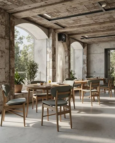 A rustic-chic café interior with a raw industrial vibe. The walls are textured concrete, paired with large arched windows bringing in natural light. Wooden furniture with soft, curved lines complement