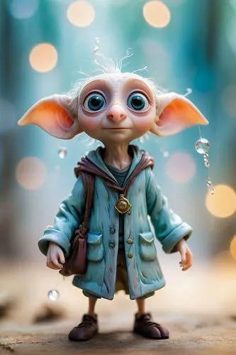shabby chic dreamy mist pastel junk journals 
whimsical cute quirky harry potter style Dobby with big eyes in odd clothings, tamara laporte style, 
swirling magical fairytale abstract art style,a toy 