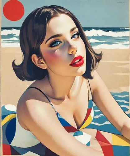 A beautiful woman sits on the sea beach against the backdrop of sand and sea. The weather is sunny.,popart,watercolor pin up,retro woman,roy lichtenstein,retro girl,retro pin up girl,pop art girl,pin-