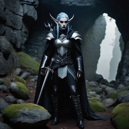 Dark Elf, mysterious, slender build, pale blue skin, pointed ears, intricate black hair, silver studs, gothic makeup, dark eyeshadow, bold eyebrows, leather armor, chest plate, waist cloak, legs wrapp