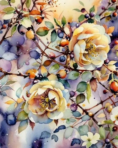 Белый шиповник,this painting shows yellow and white roses and berries,watercolor flowers,watercolor roses,watercolor floral background,apricot flowers,flower painting,watercolor flower