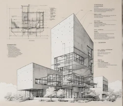 diagram of building with sections for different architecture,cantilevers,cantilevered,prefabrication,multistory,typologies,glass facade,architect plan,constructivist,architectures,rectilinear,facade p