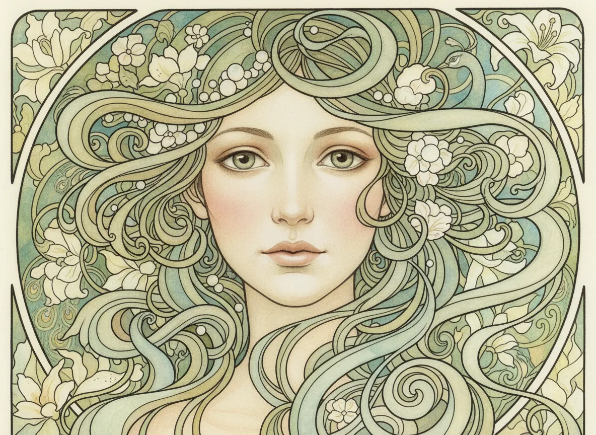 Primo piano del volto di un'illustrazione femminile stilizzata generata dall'IA in stile Art Nouveau, che evidenzia tratti delicati e capelli fluenti.