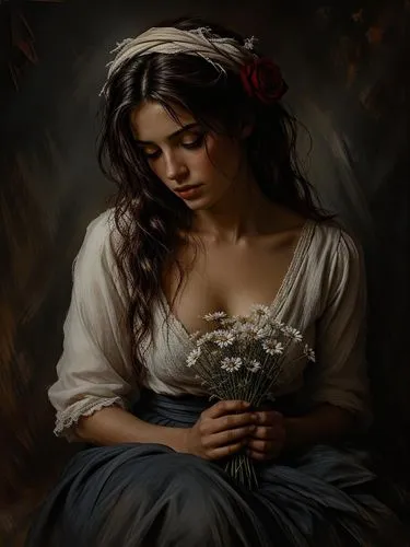 A masterpiece digital oil painting, portrait of a beautiful young woman looking downwards with a melancholic and gentle expression. She has long, slightly messy wavy dark brown hair adorned with a rus