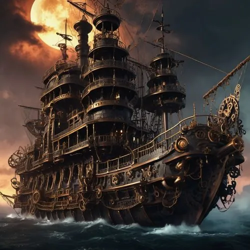 Steam punk pirate ship, massive iron hull, copper accents, intricate clockwork mechanisms, billowing white sails with golden trim, black smokestacks, steam-powered propellers, wooden gangway, rope lad