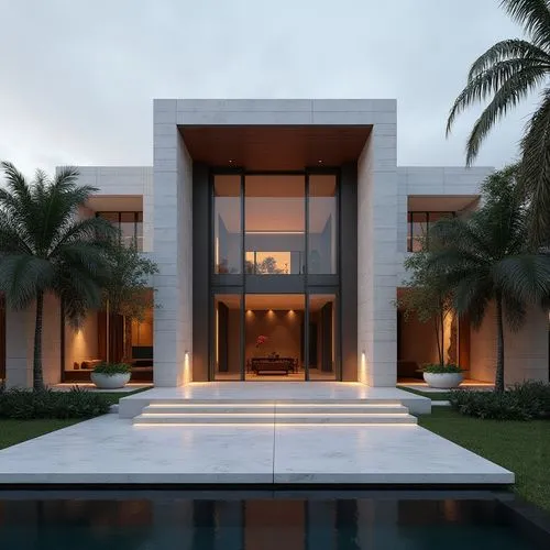 A hyper-realistic, high-resolution architectural photograph capturing a grand, ultra-modern luxury mansion at twilight. The building’s façade is composed of smooth white stone panels contrasted with s