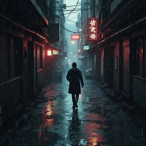 Create a cinematic image of a high-stakes chase through a Blade Runner-esque labyrinth of alleys and rain-soaked avenues. A determined detective, silhouetted against a cascade of neon reflections, rac