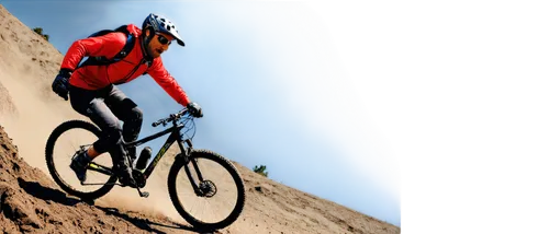Mountain bike, riding action, male cyclist, helmet, sunglasses, gloves, athletic wear, mud-spattered, rugged terrain, steep slope, afternoon sunlight, dynamic composition, low-angle shot, shallow dept