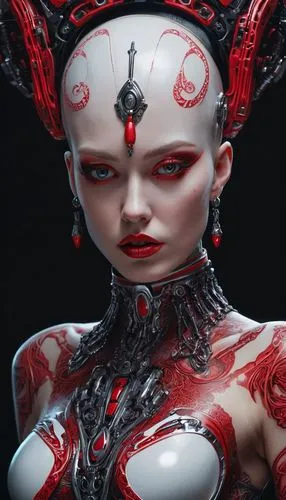 A woman with a porcelain skin, like complexion, adorned with intricate red and white tattoos, stares directly at the viewer. Her eyes are a deep crimson, and her lips are painted a soft red. She wears