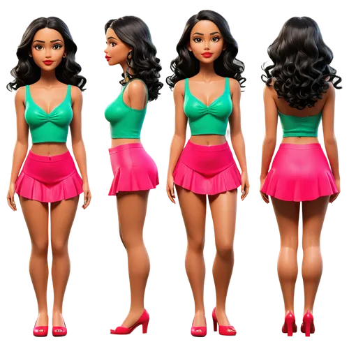 Create only high resolution images, pixar 3d, 4k, character sheet style, like a paper doll, A pose style. She must be wearing a hot pink A-line skirt in light and vaporous chiffon with ruffles, a tran