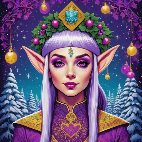 Violet, the head elf, plans an enchanting winter festival to bring joy and cheer to the entire elven kingdom.,violet head elf,elf,elves,fantasy portrait,elven,wood elf,male elf,elves flight,fae,aurora