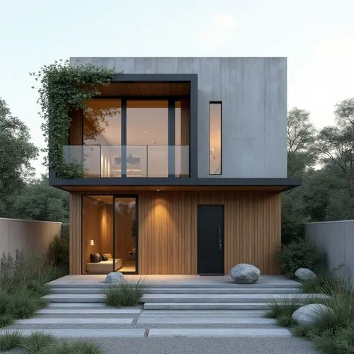A minimalist, two-story modern home characterized by clean geometric lines and a balanced combination of materials—smooth concrete, matte black metal framing, and vertical natural wood cladding. The f