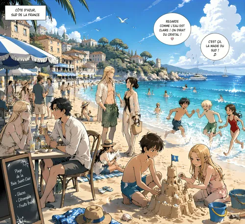 Manga style:

A beautiful beach in the south of France where French and elven vacationers relax by the sea and mingle. Couples are chatting. Children and teenagers are having fun.
,an illustration of 