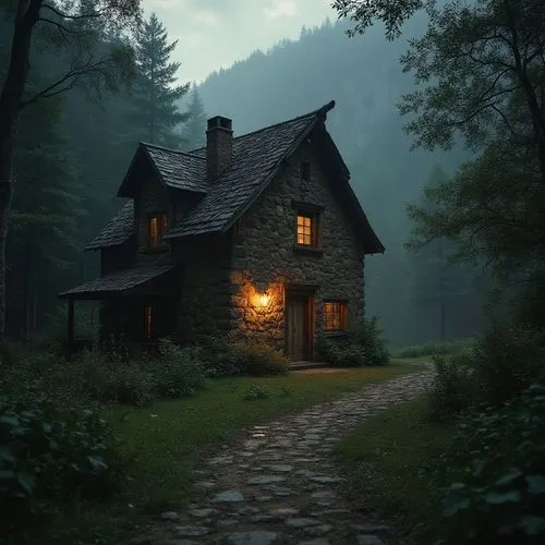 an old stone cottage lights up the dark night,house in the forest,lonely house,the cabin in the mountains,witch's house,house in mountains,summer cottage,witch house,house in the mountains,cottage,for